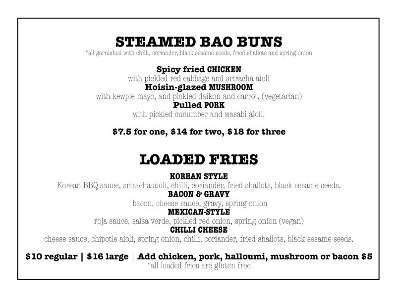 Menu of Citizen's Bao Buns and Loaded Fries