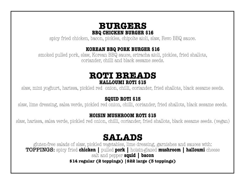 Menu of Citizen's Burgers, Roti Breads and Salads